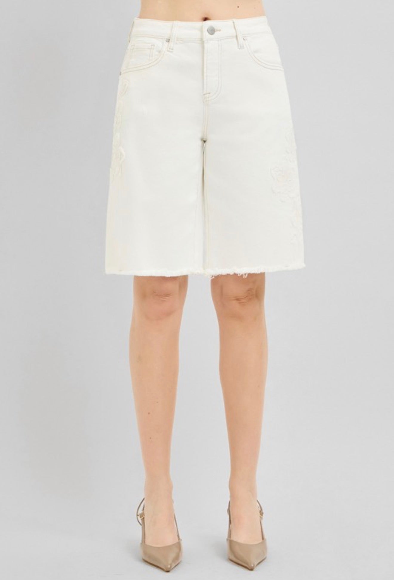 RISEN FLORAL EMBROIDERED DENIM BERMUDA