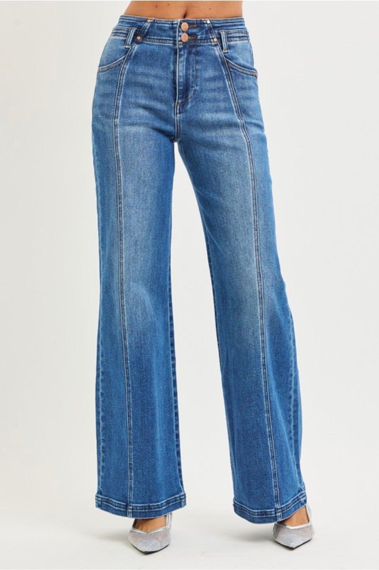 RISEN HIGH RISE CURVED SEAM WIDE LEG STRETCH JEANS