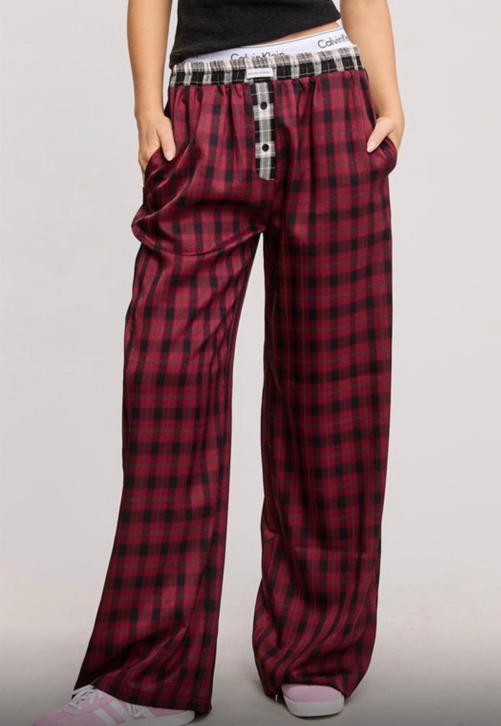 BURGUNDY PLAID WIDE-LEG PANTS