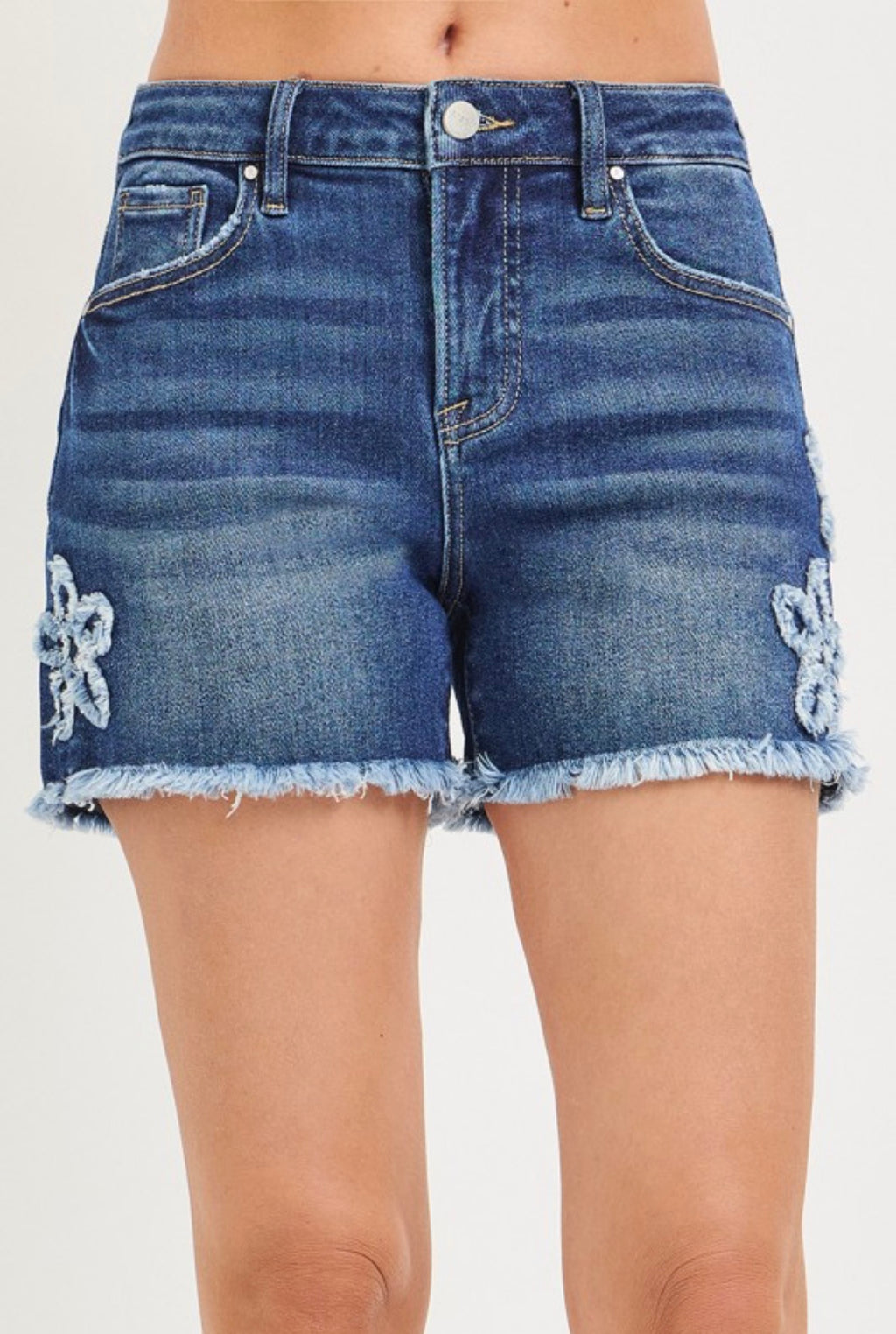RISEN FLORAL DISTRESSED DENIM SHORTS