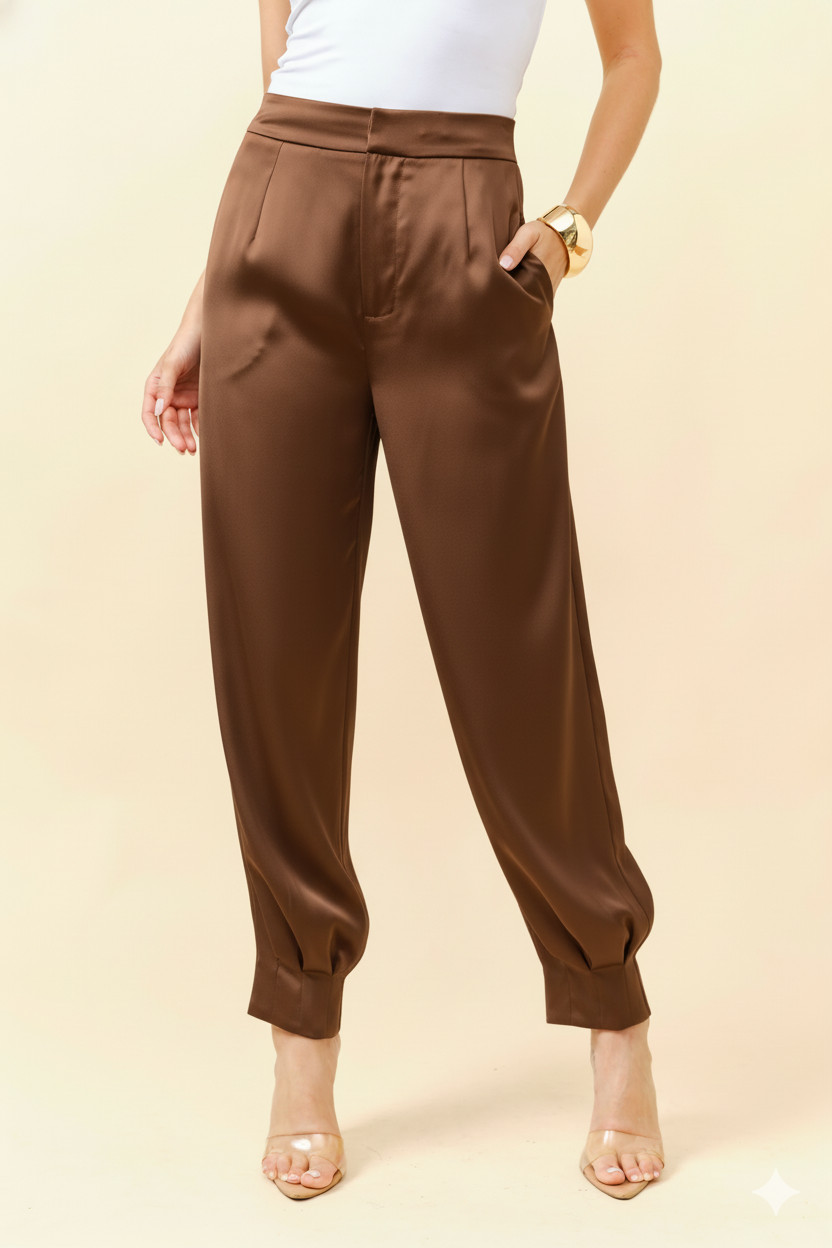 High-waisted Satin Trousers With Cuffed Ankles Pant