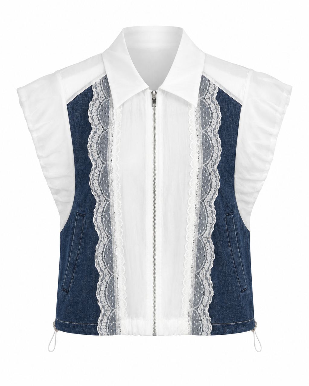 LACE DENIM ZIP-UP TOP