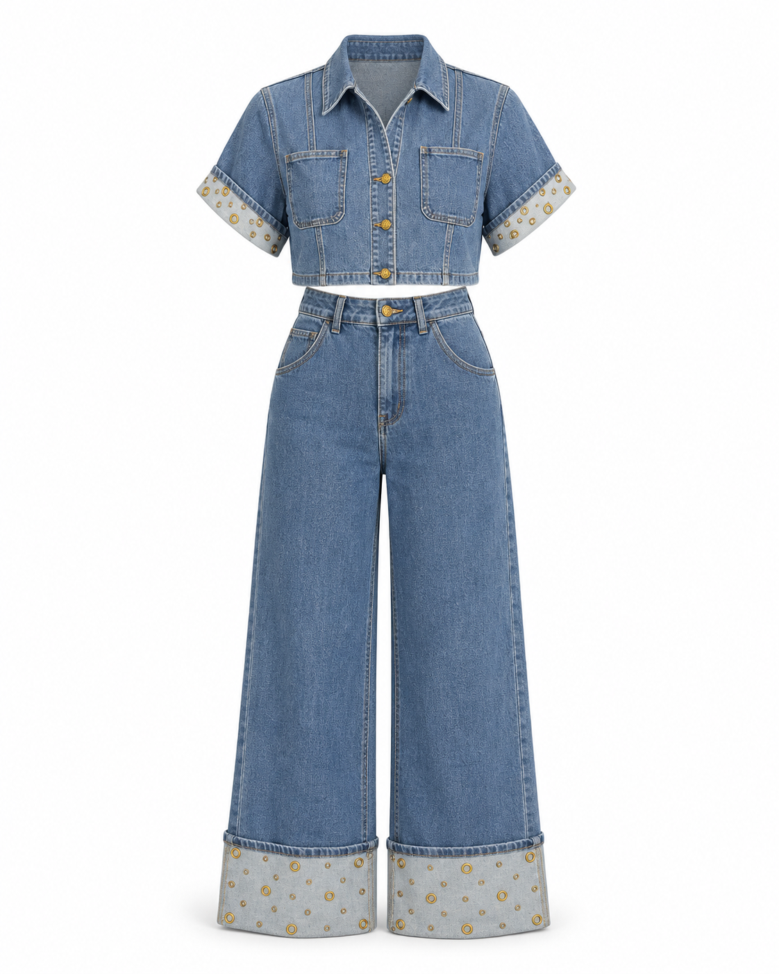 GOLDEN EYELET DENIM TWO PIECES SET