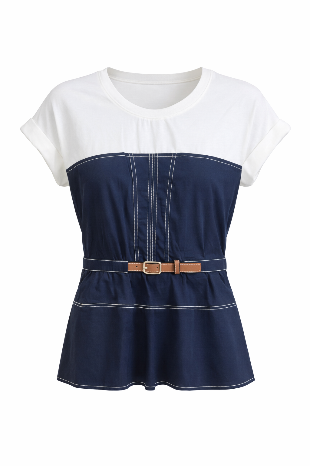 NAVY BELTED PEPLUM TOP