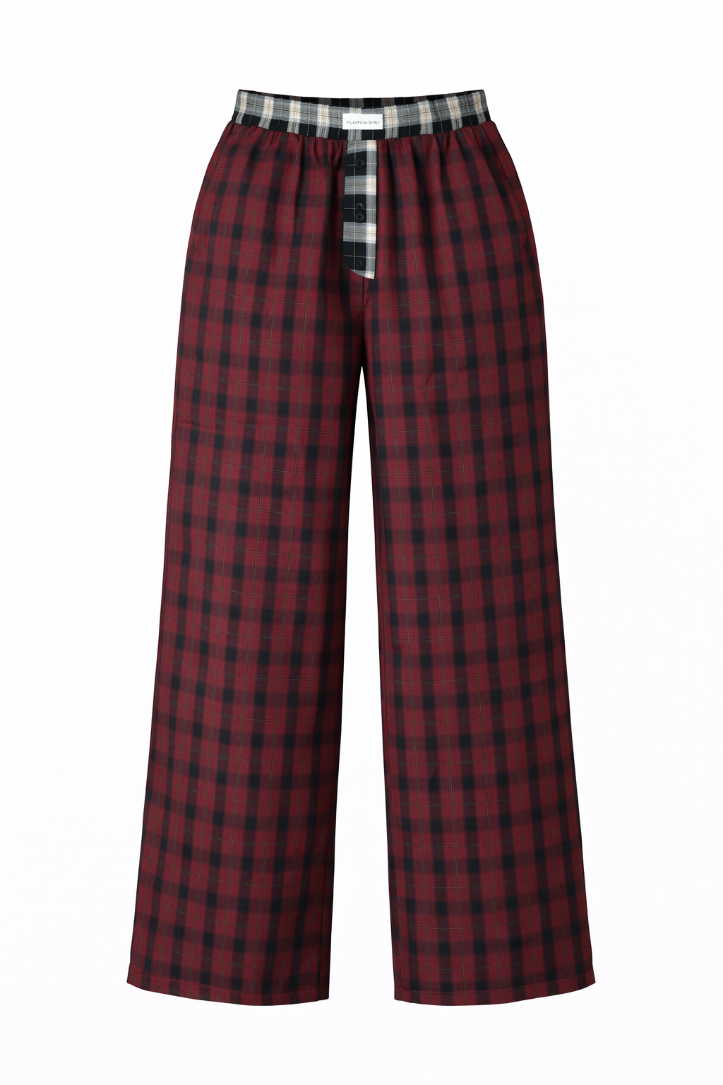 BURGUNDY PLAID WIDE-LEG PANTS