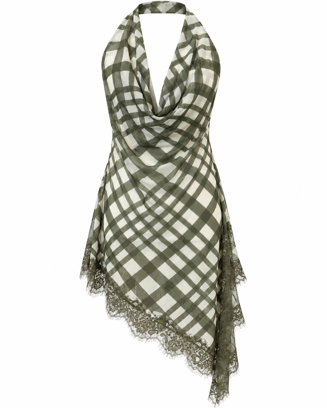 OLIVE PLAID LACE HALTER TOP