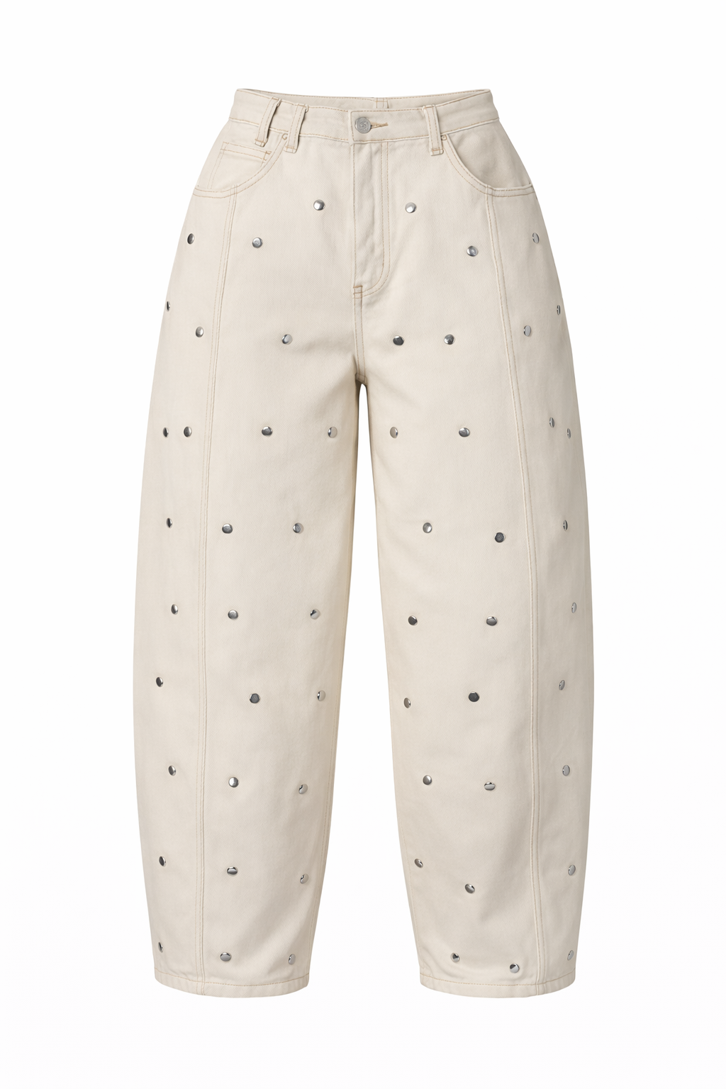 STUDDED CREAM BARREL PANTS