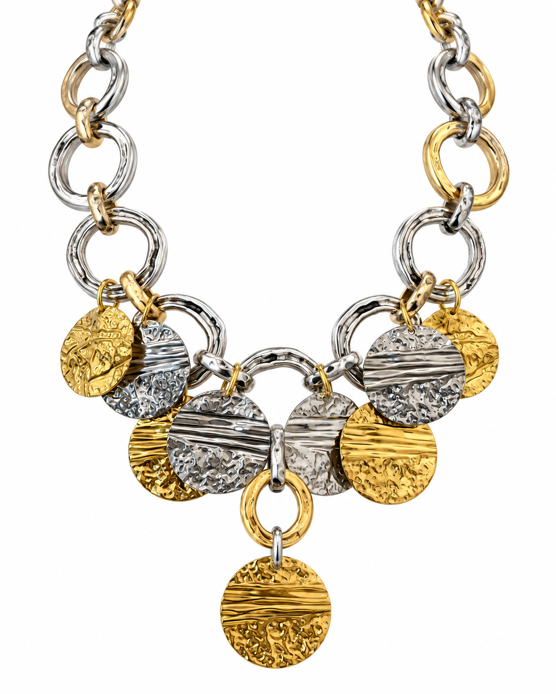 TWO-TONE TEXTURED DISC STATEMENT NECKLACE