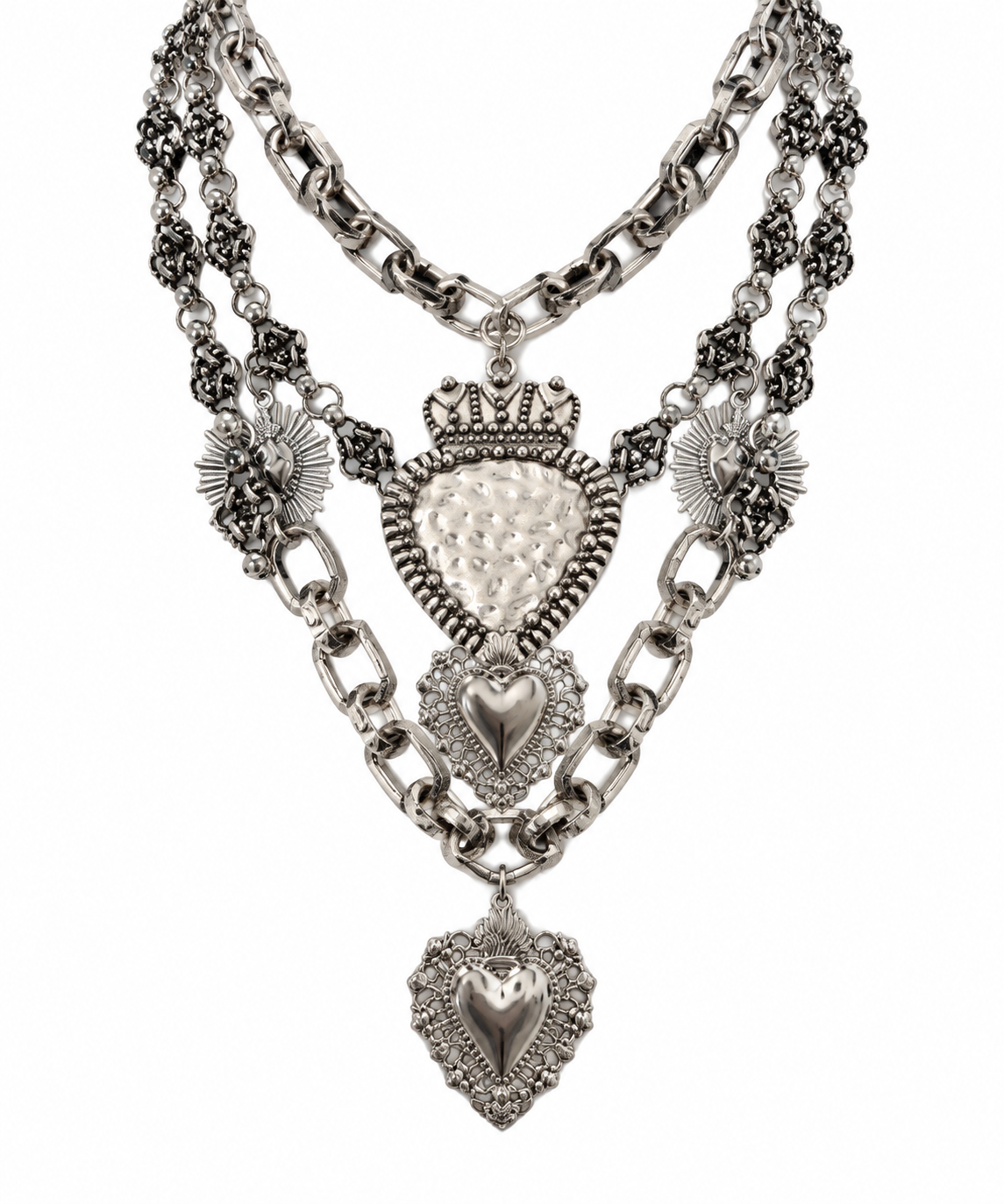 SILVER CROWNED HEART LAYERED NECKLACE