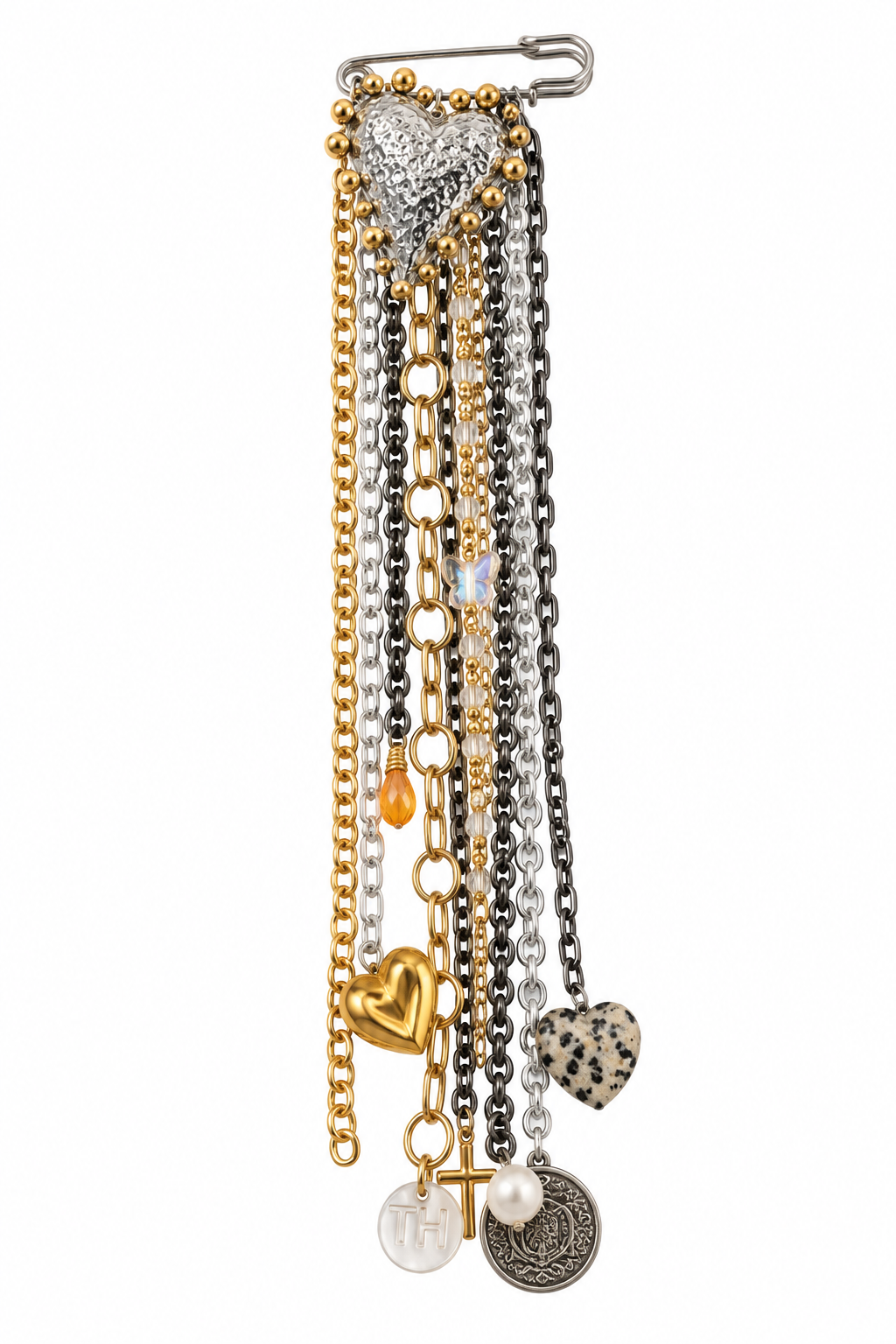 SILVER HEART CASCADING CHAIN PIN