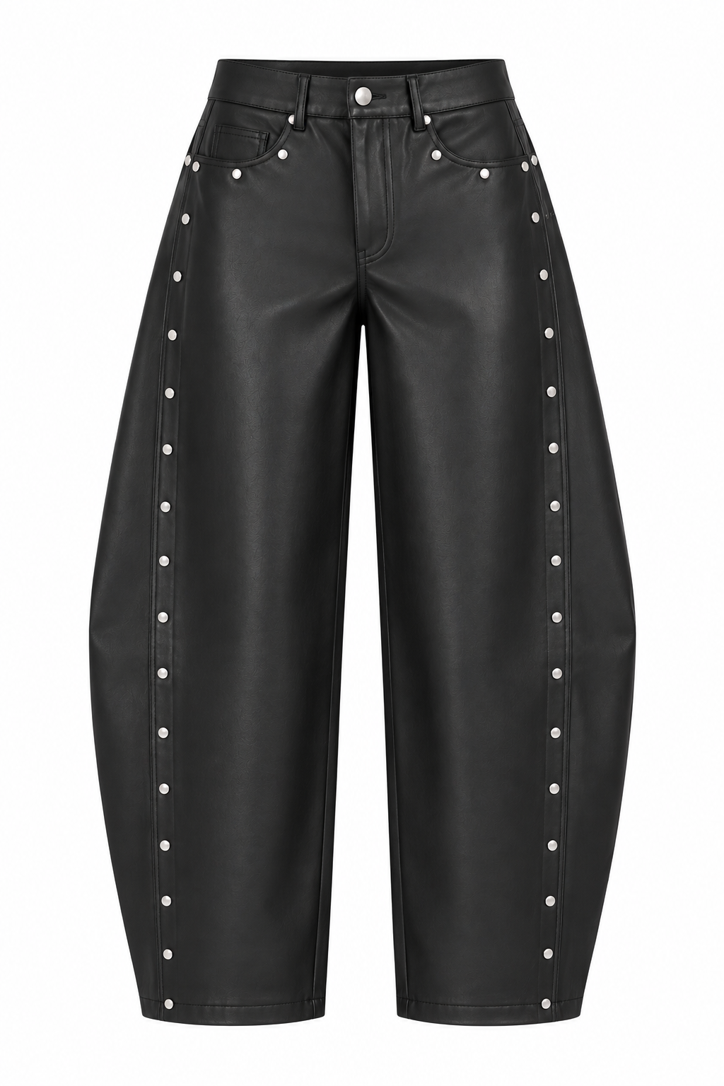 STUDDED FAUX LEATHER BARREL PANT
