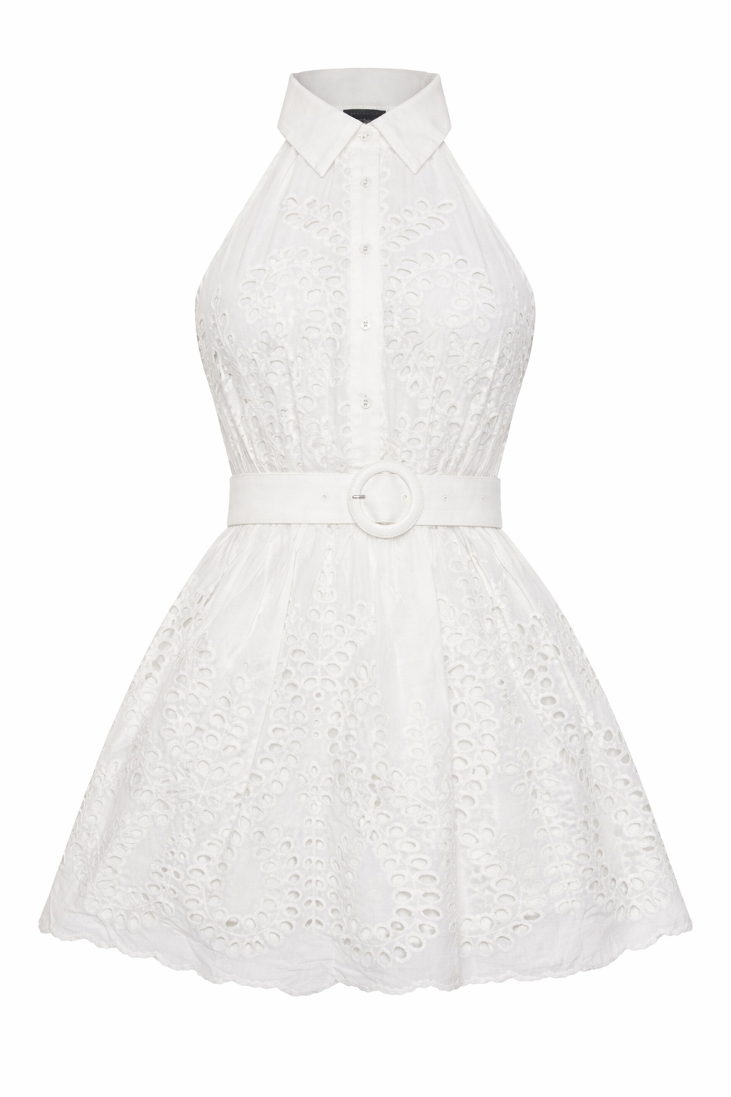 EYELET HALTER MINI DRESS