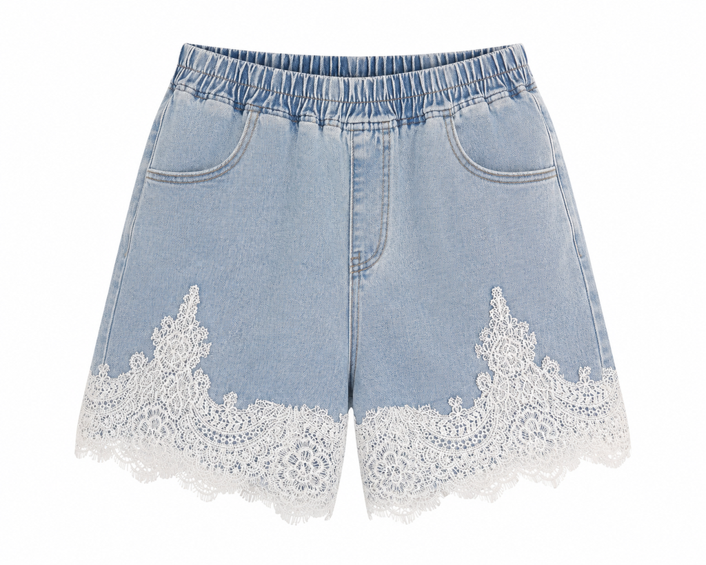 LACE BLOOM DENIM SHORTS