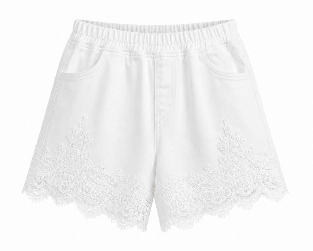 LACE BLOOM DENIM SHORTS