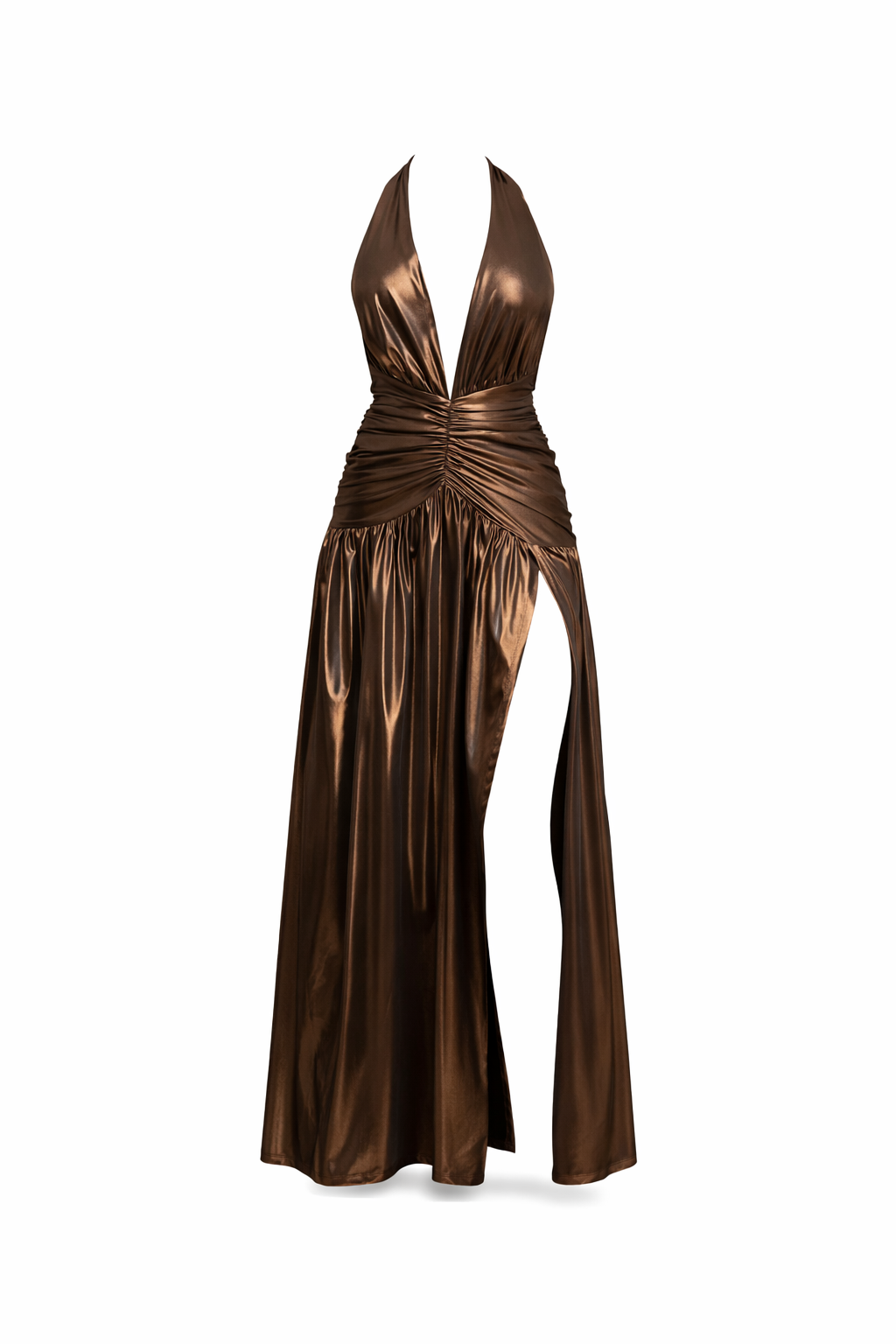 BRONZE HALTER MAXI DRESS